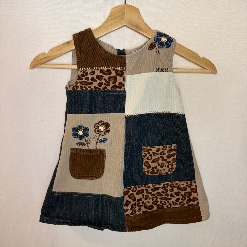 Vintage Y2K Patchwork Corduroy Denim Floral Leopard Print Dress 3T Button Back